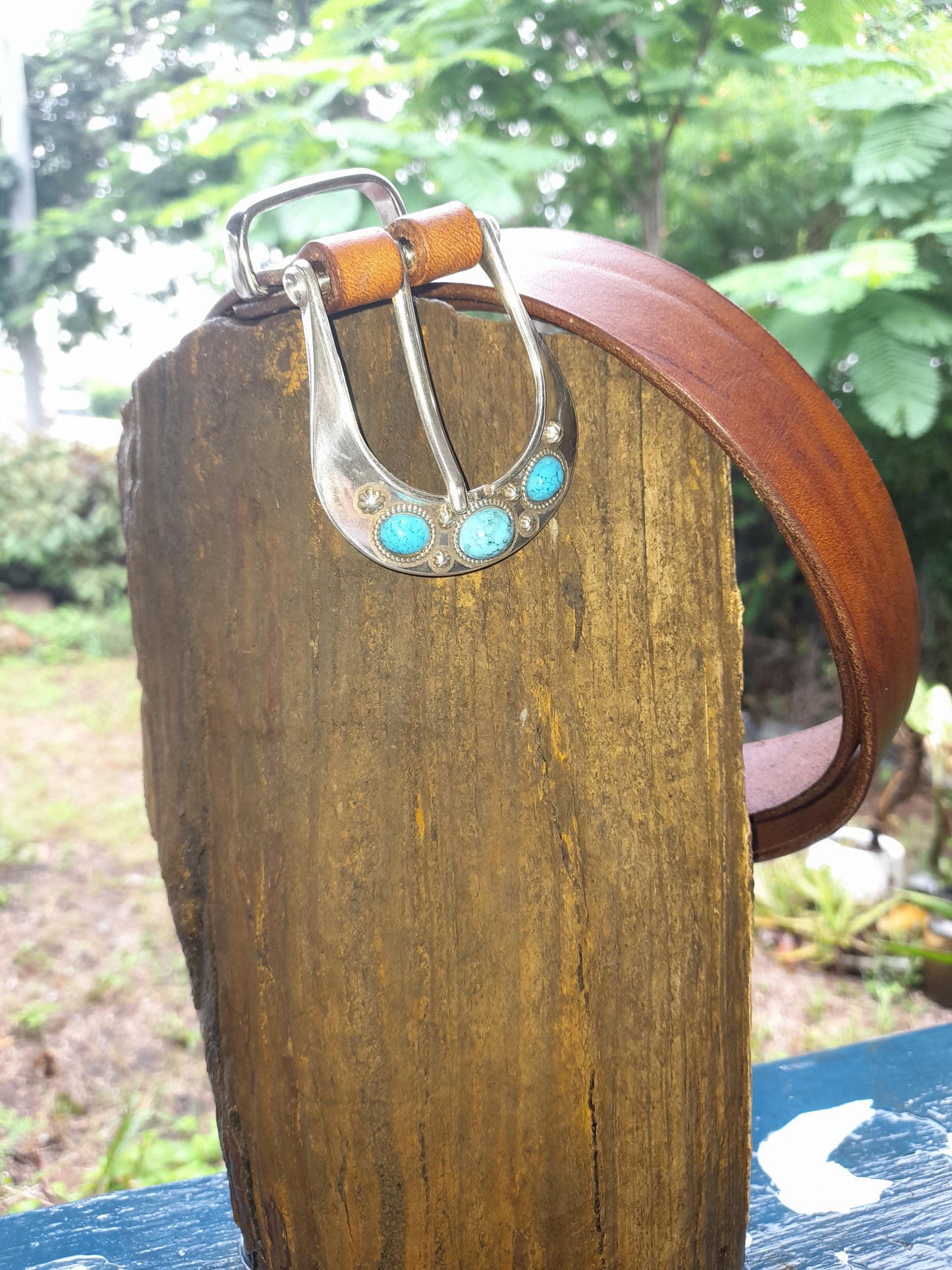 Handcrafted whiskey Tan Leather belt with Teal and silver Buckle