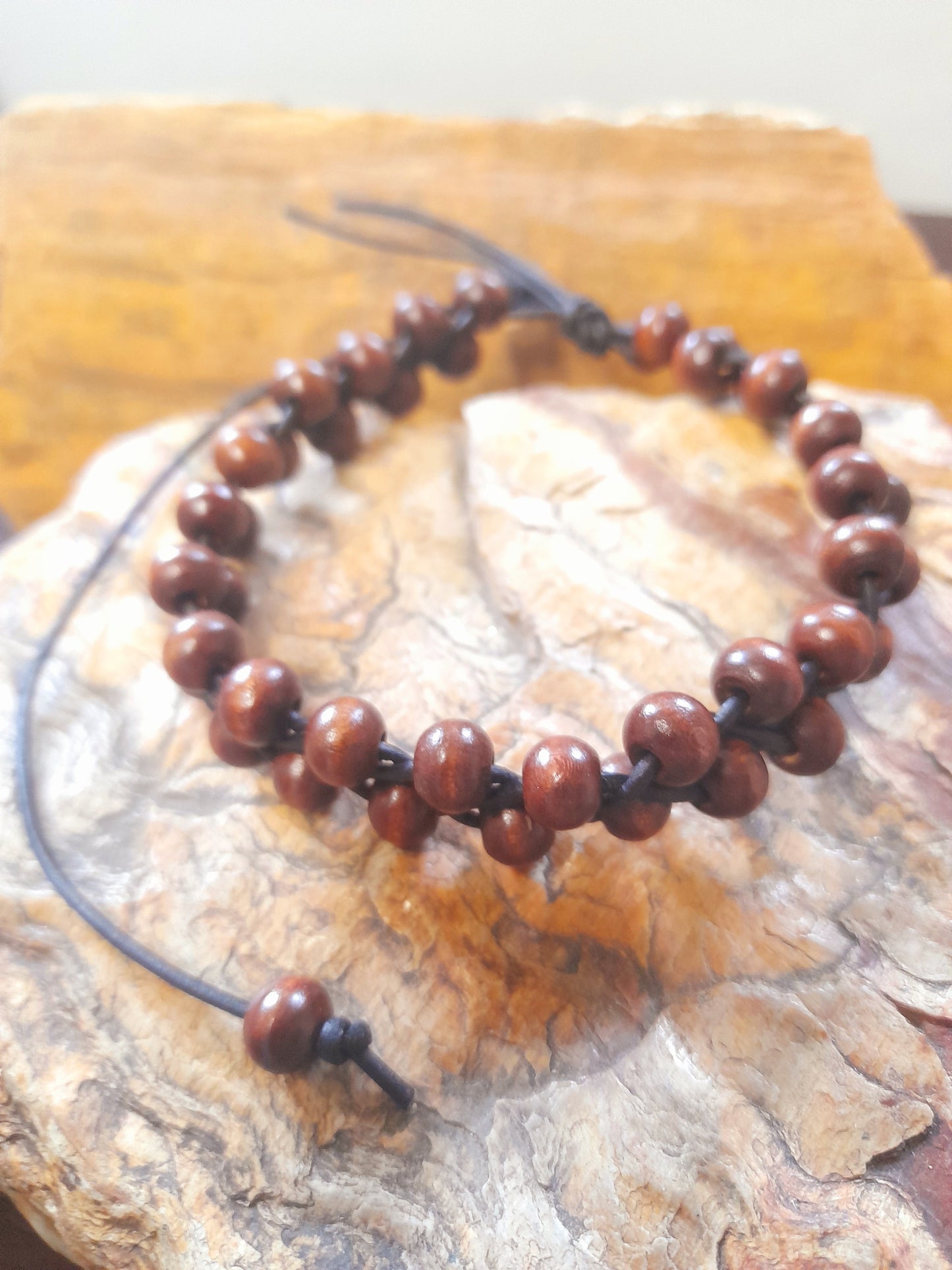 Black Leather Bracelet with Brown beads