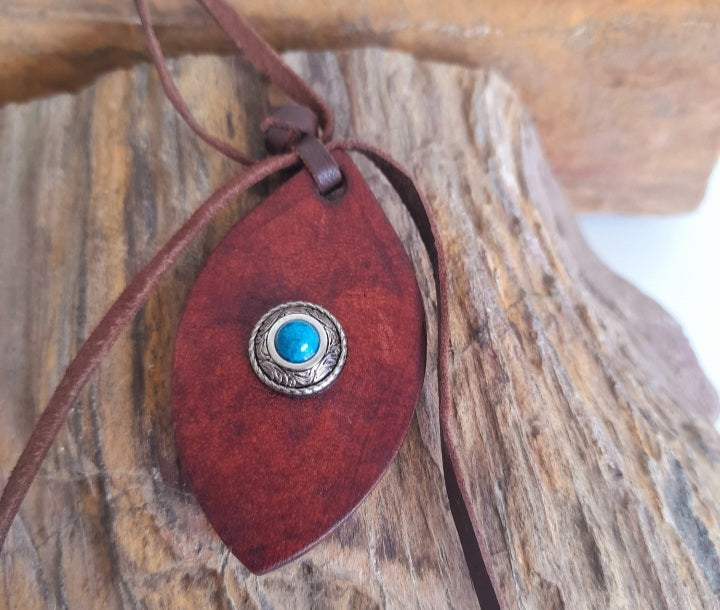 Whiskey Tan Genuine Leather adjustable Necklace with Teal and silver