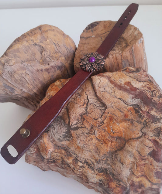 Handcrafted Whiskey Tan Leather Bracelet with Purple Flower Concho.