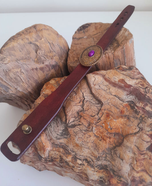 Handcrafted Whiskey Tan Leather Bracelet with Round Purple Concho.